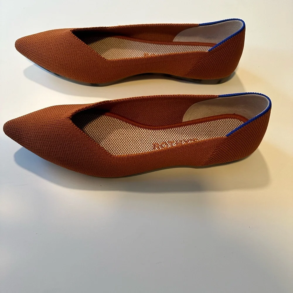 Rothy's Rust Brown Pointed Knit Flats with Blue Trim - Picture 6 of 7